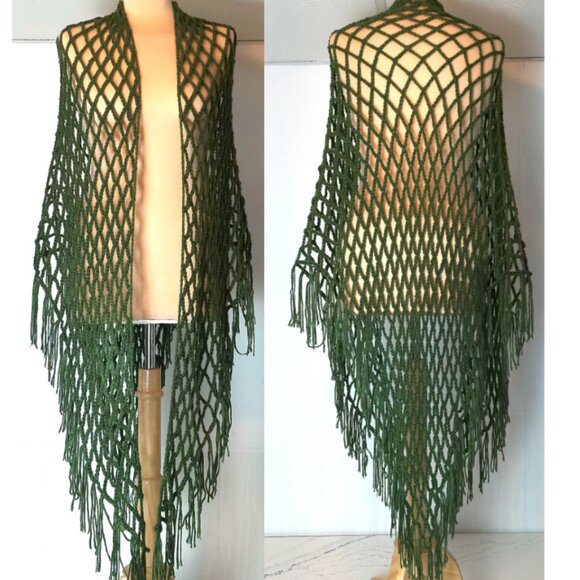 Shawl Crochet Extra Large Handmade Fringed Fishnet Large Triangle Wrap - Picture 1 of 8